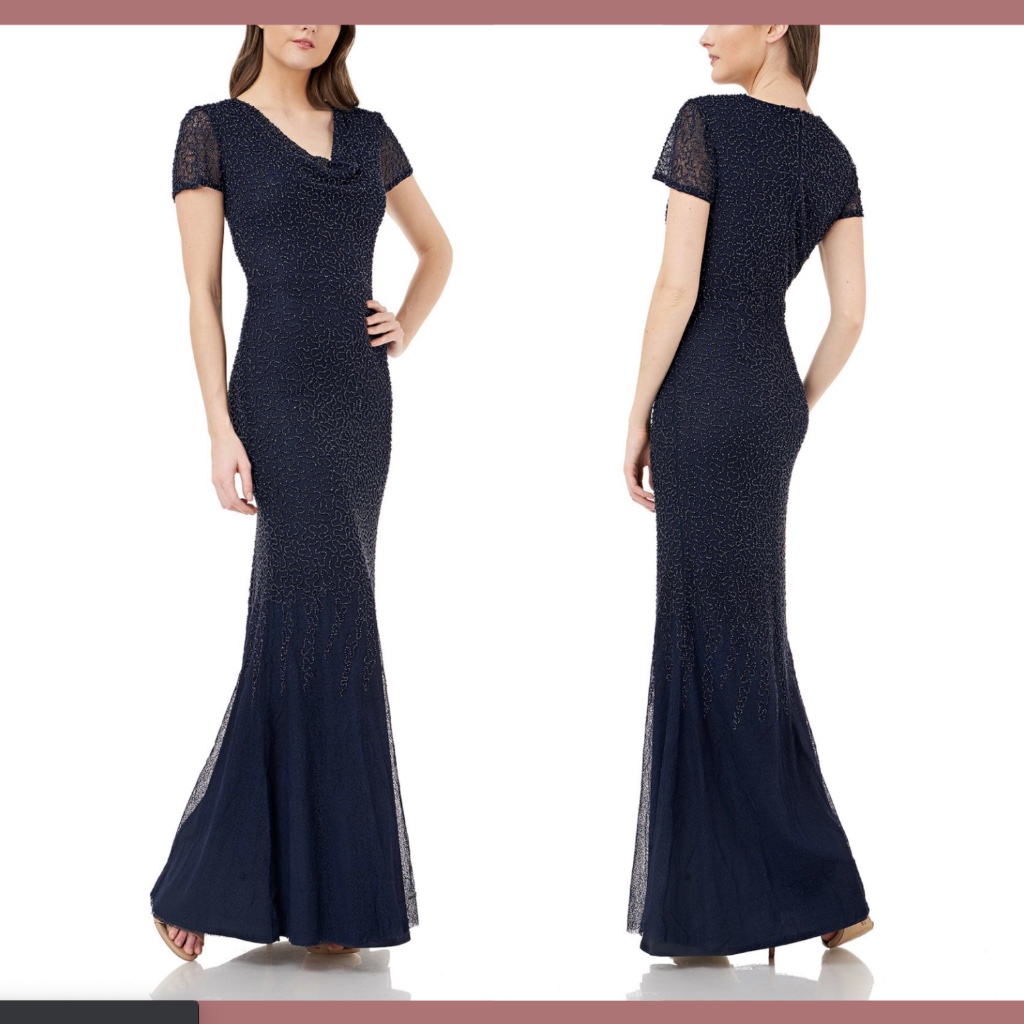 Nwt $358 Js Collection Cowl Neck Beaded Mesh Gown In Blue [Sz 8 ]